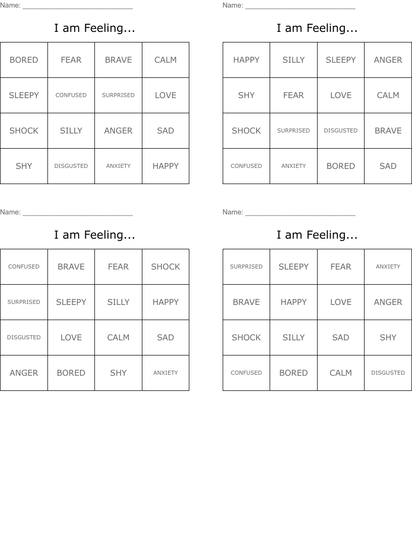 I am Feeling... Bingo Cards