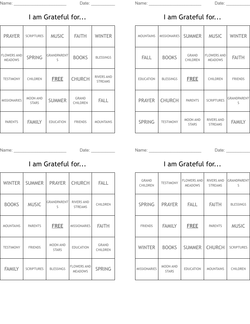I am Grateful for... Bingo Cards