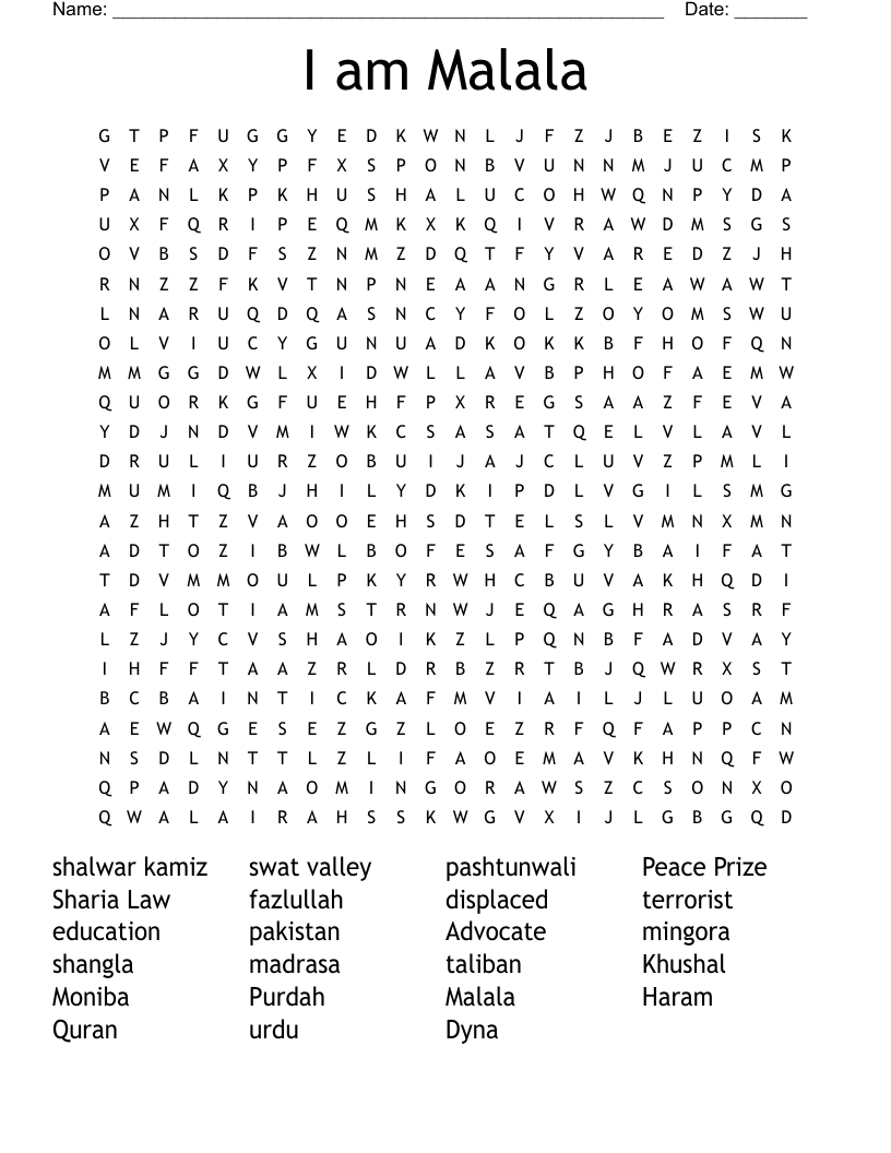 I am Malala Word Search