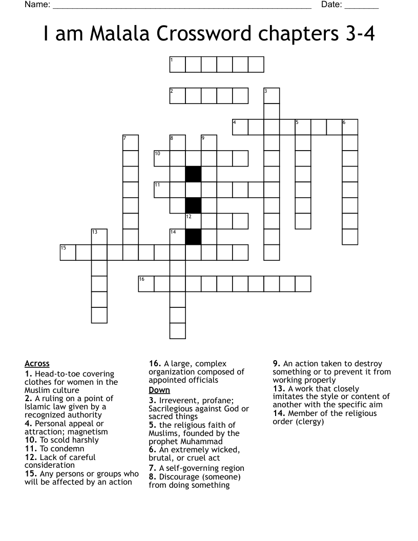 I am Malala Crossword chapters 3-4
