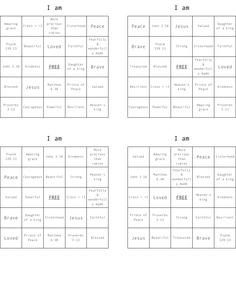 I am  Bingo Cards