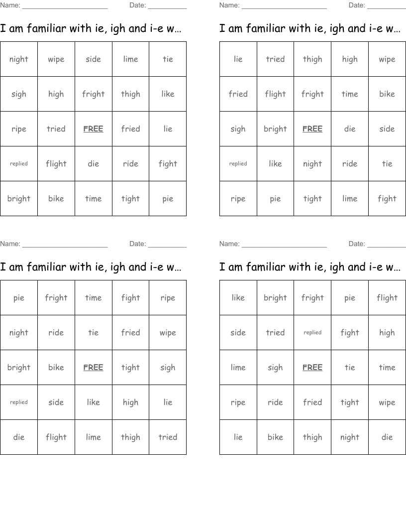 I am familiar with ie, igh and i-e words. Bingo Cards