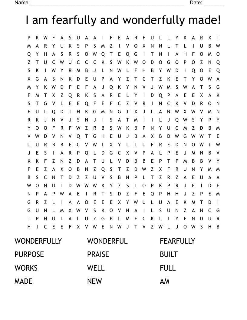 I am fearfully and wonderfully made! Word Search
