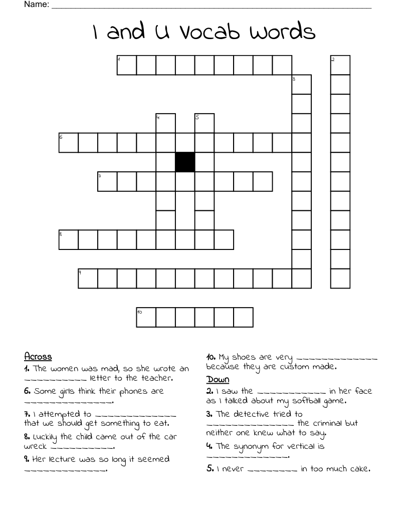 I and U Vocab Words Crossword
