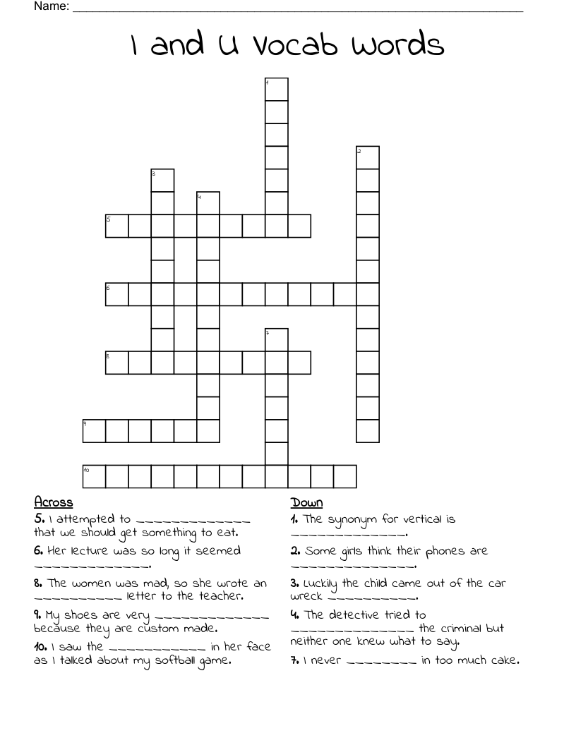 I and U Vocab Words Crossword