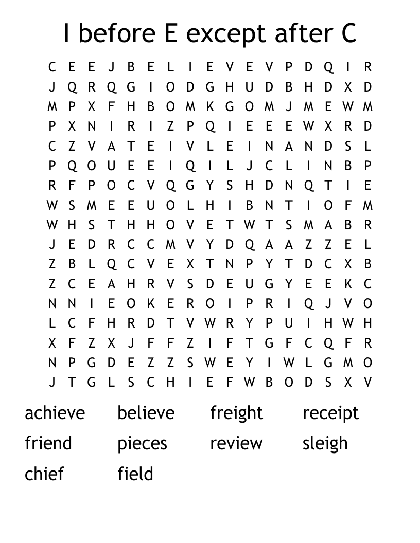 I before E except after C Word Search