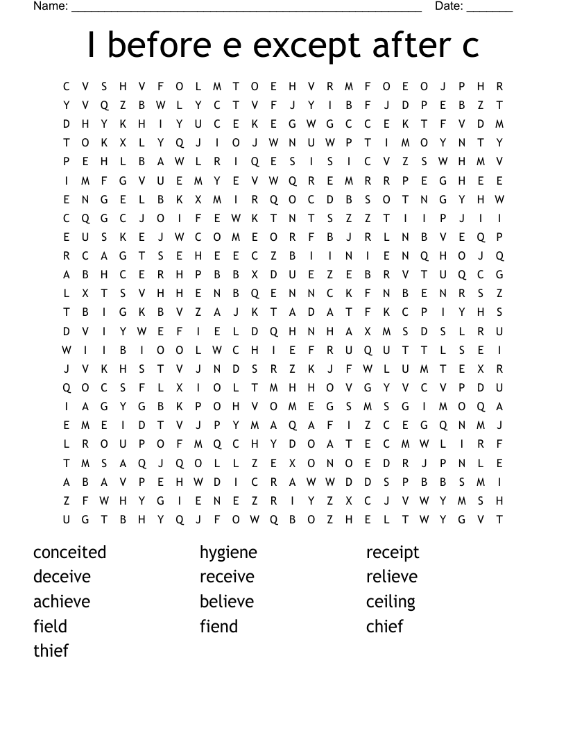 I before e except after c Word Search