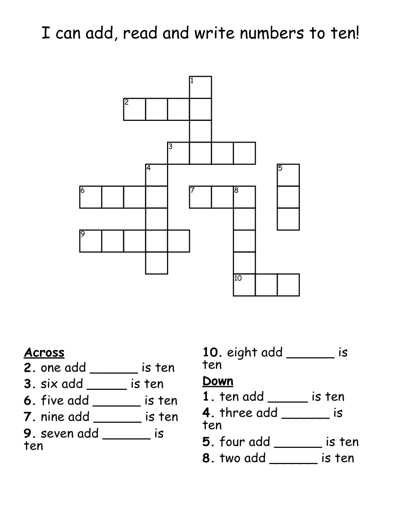 I can add, read and write numbers to ten! Crossword