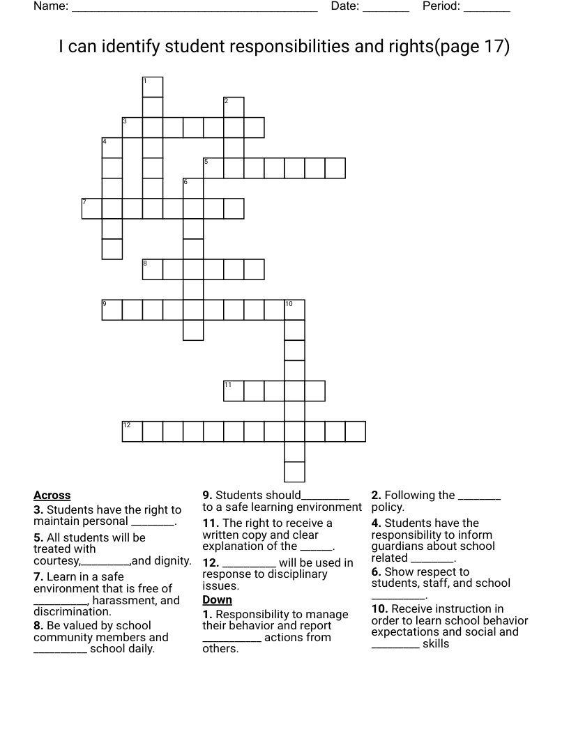 I can identify student responsibilities and rights(page 17) Crossword