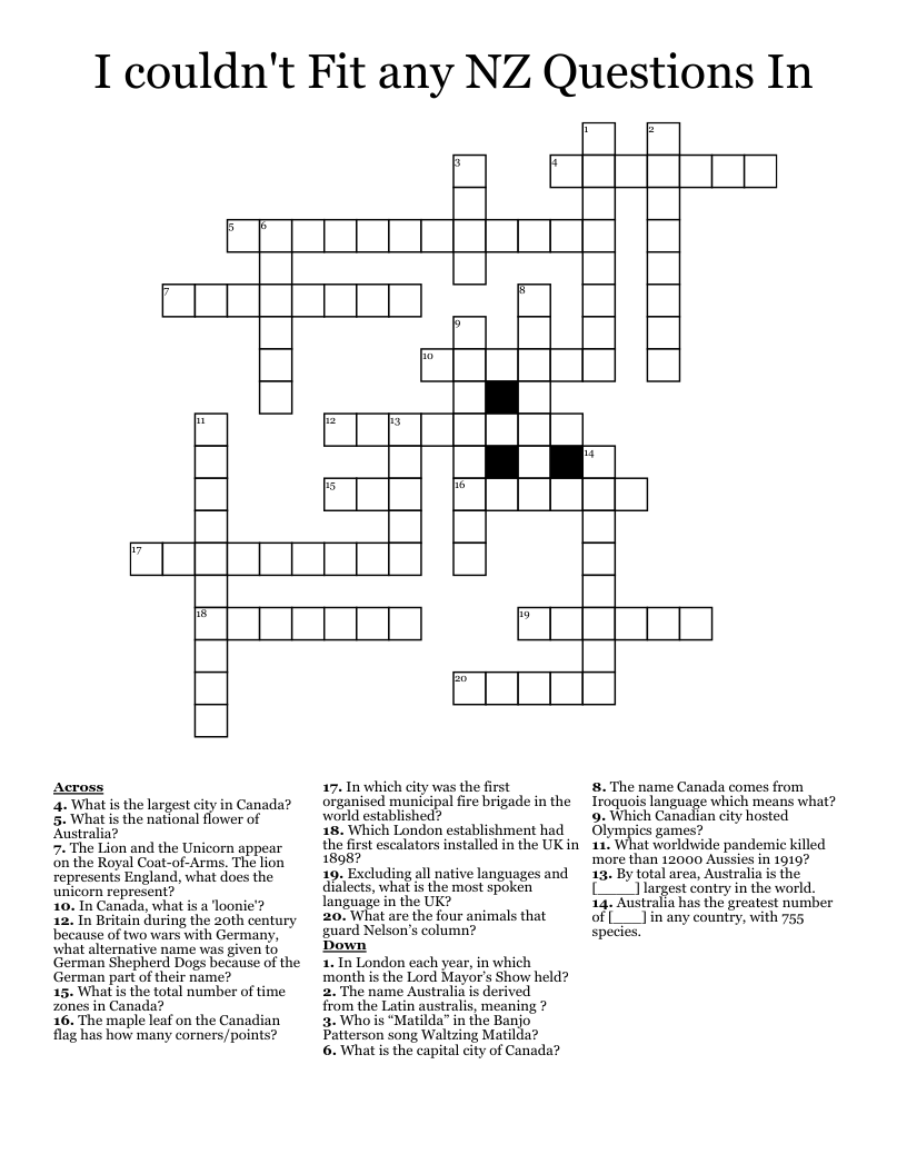 I couldn't Fit any NZ Questions In Crossword