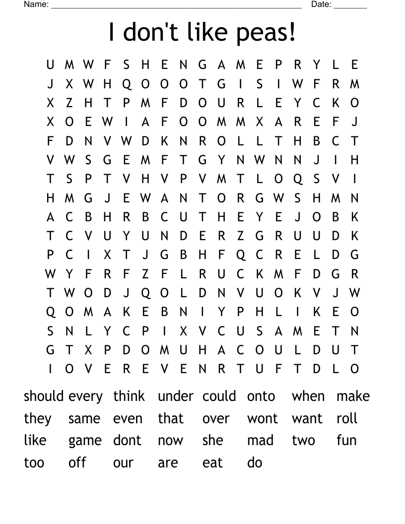 I don't like peas! Word Search