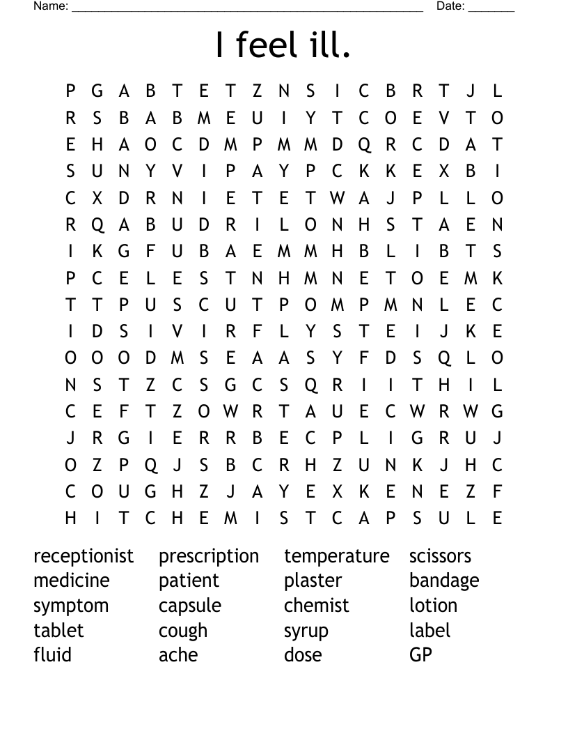 I feel ill.    Word Search