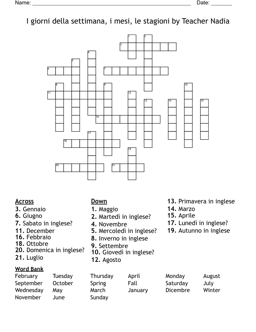 I giorni della settimana, i mesi, le stagioni by Teacher Nadia Crossword