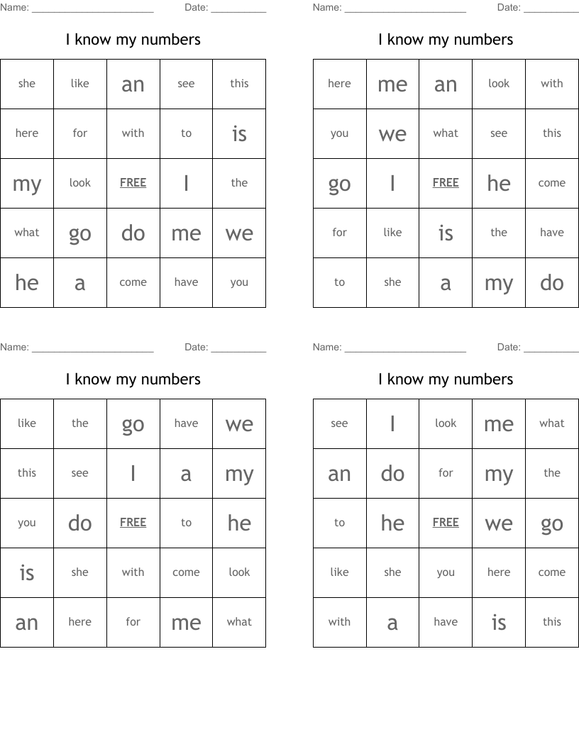 I know my numbers Bingo Cards
