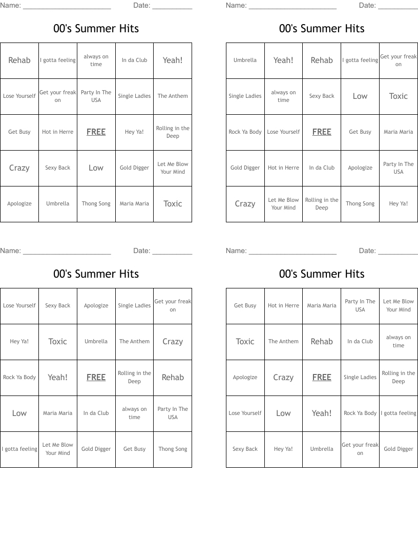 00's Summer Hits Bingo Cards