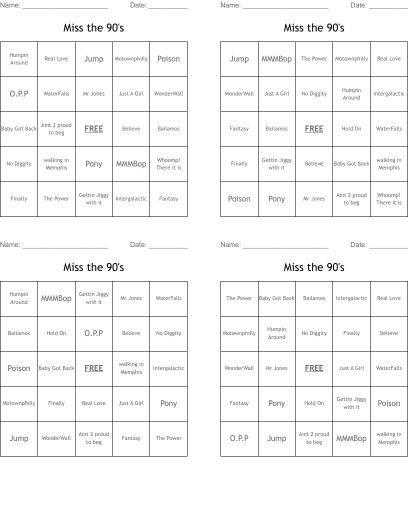  Miss the 90's Bingo Cards