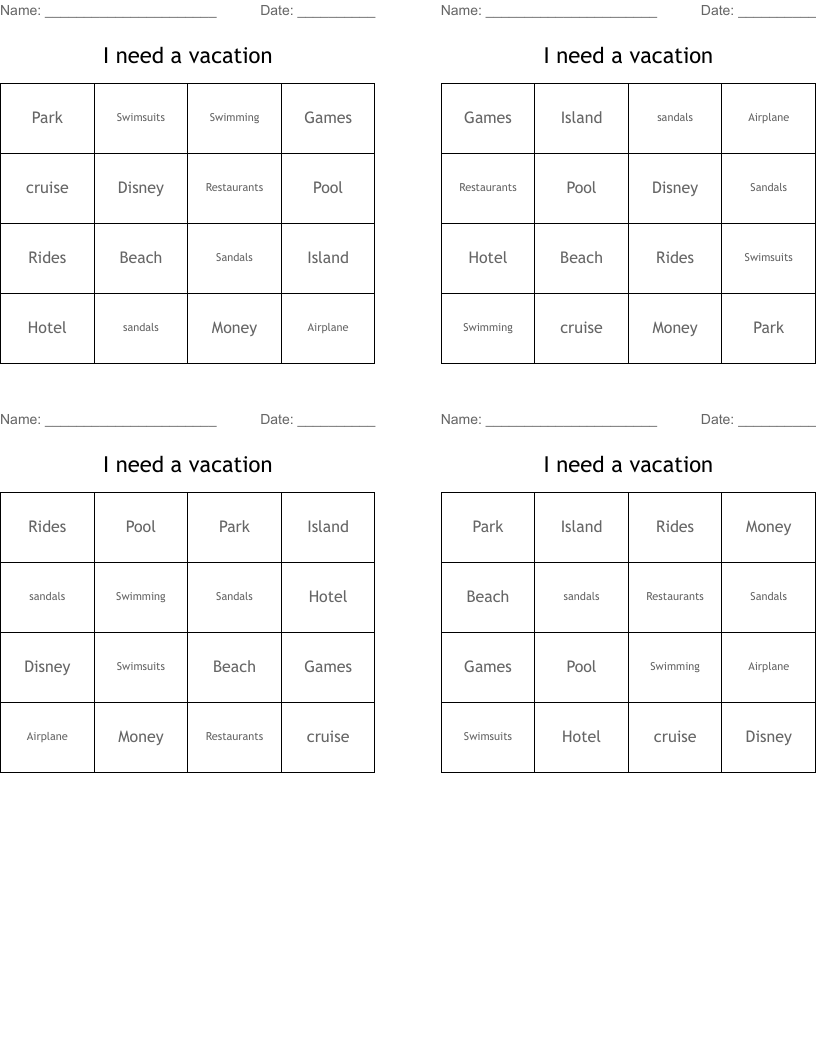 I need a vacation Bingo Cards