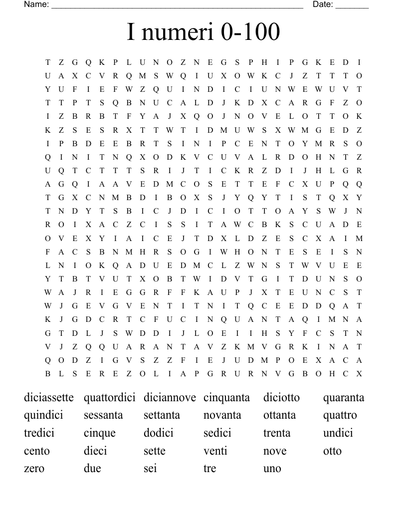 I numeri 0-100 Word Search