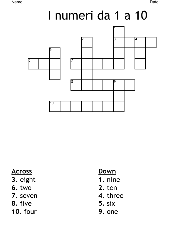 I numeri da 1 a 10 Crossword