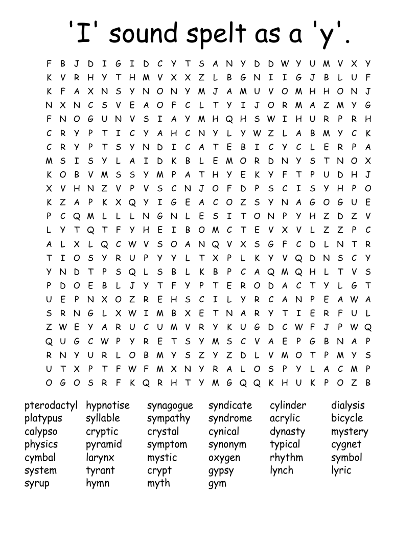 'I' sound spelt as a 'y'. Word Search