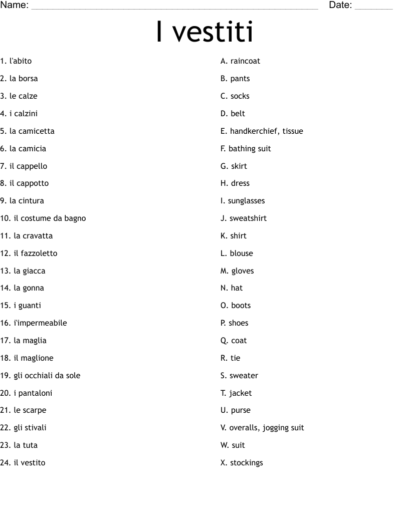 I vestiti Worksheet