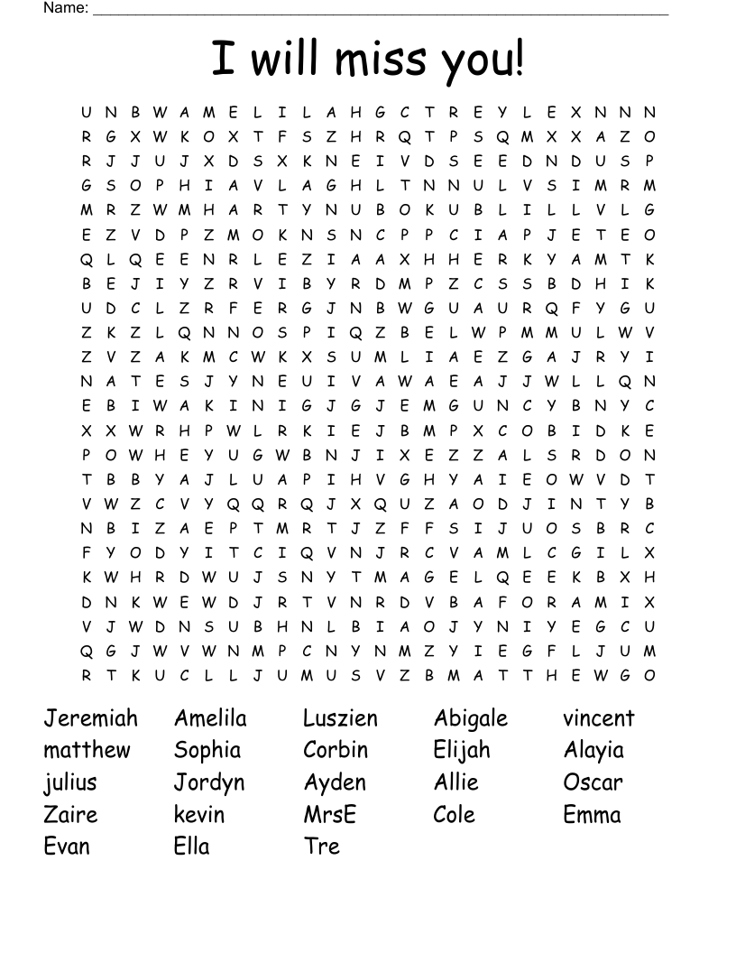 I will miss you! Word Search