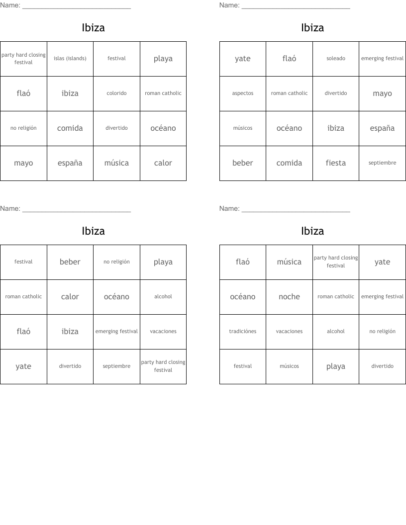 Ibiza Bingo Cards