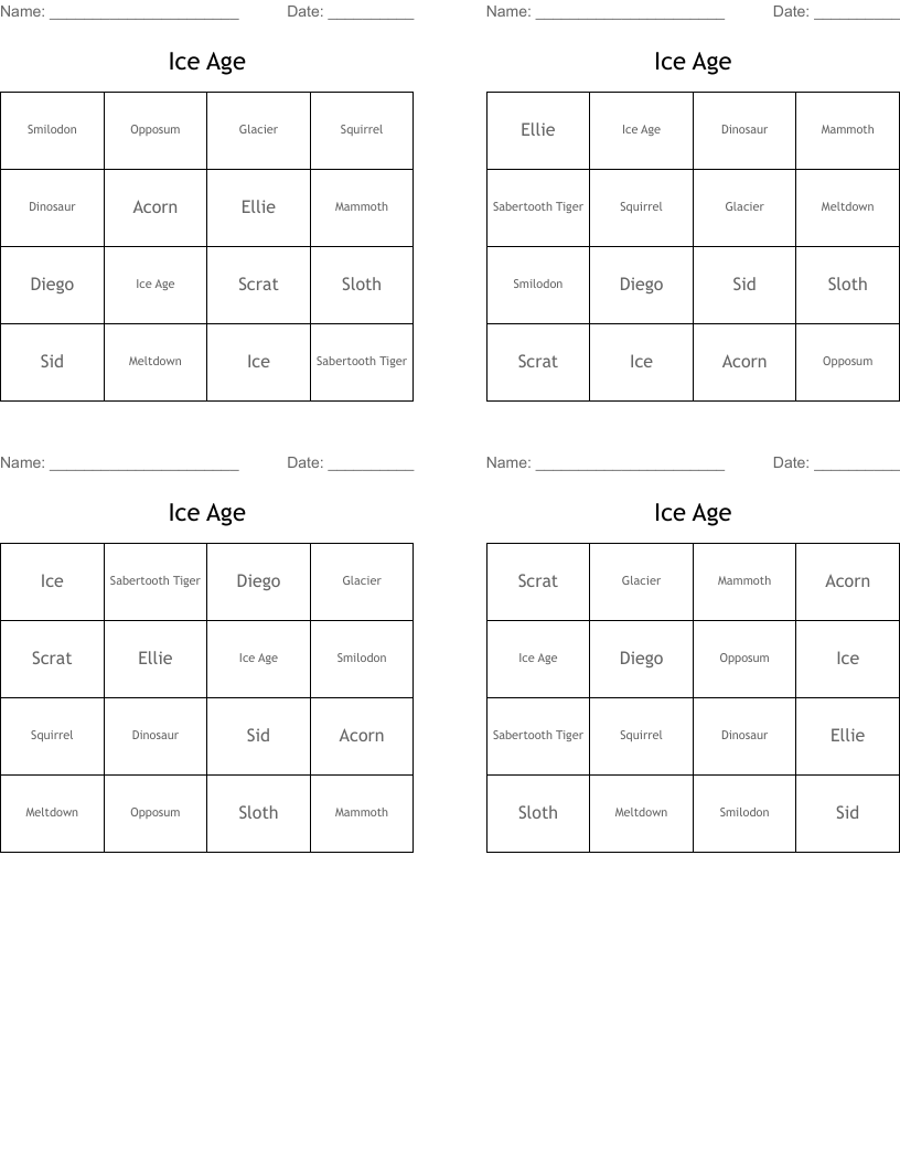 Ice Age  Bingo Cards