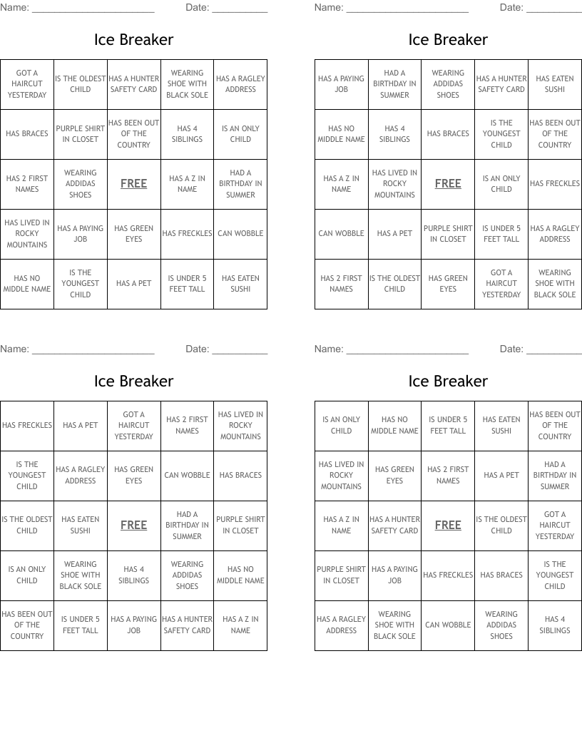 Ice Breaker Bingo Cards