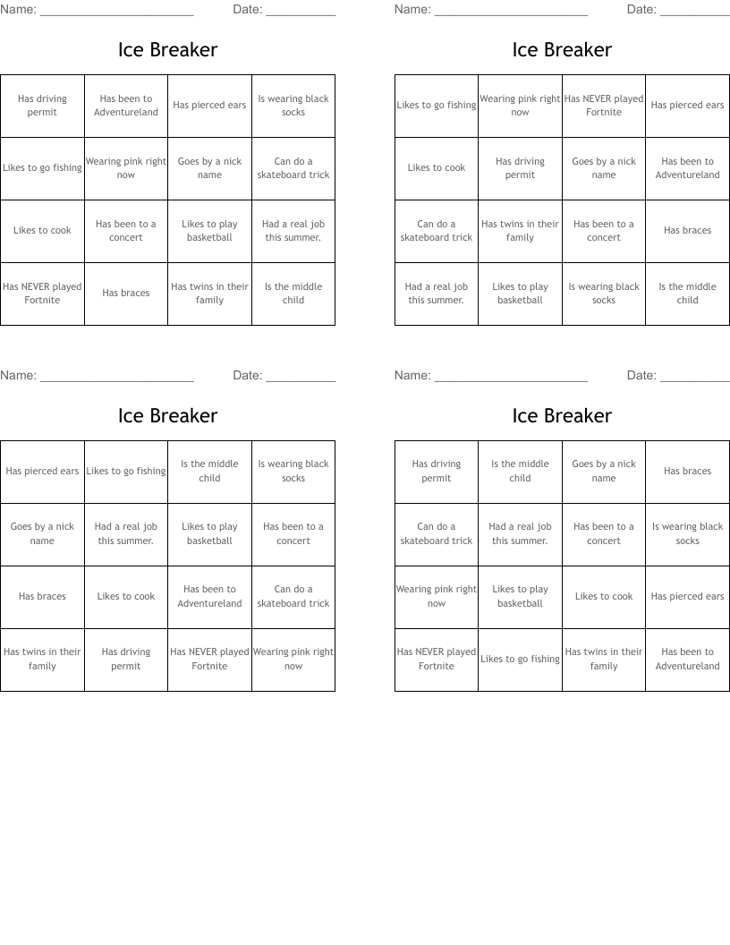 Ice Breaker Bingo Cards