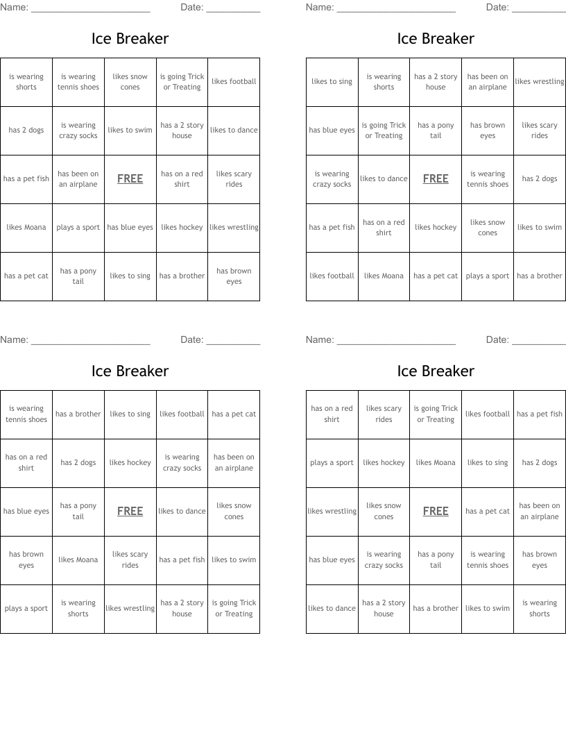 Ice Breaker Bingo Cards