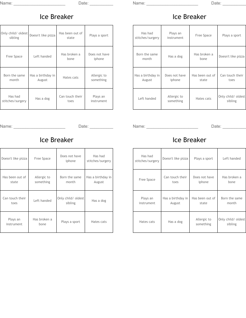 Ice Breaker  Bingo Cards