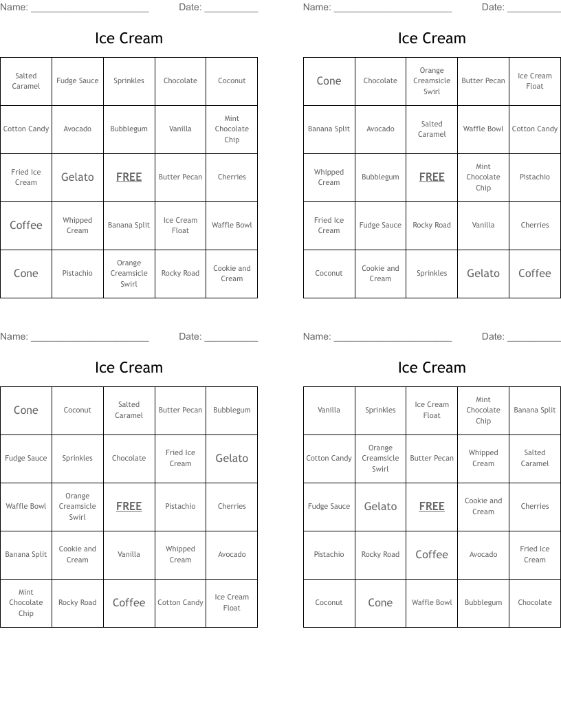 Ice Cream Bingo Cards