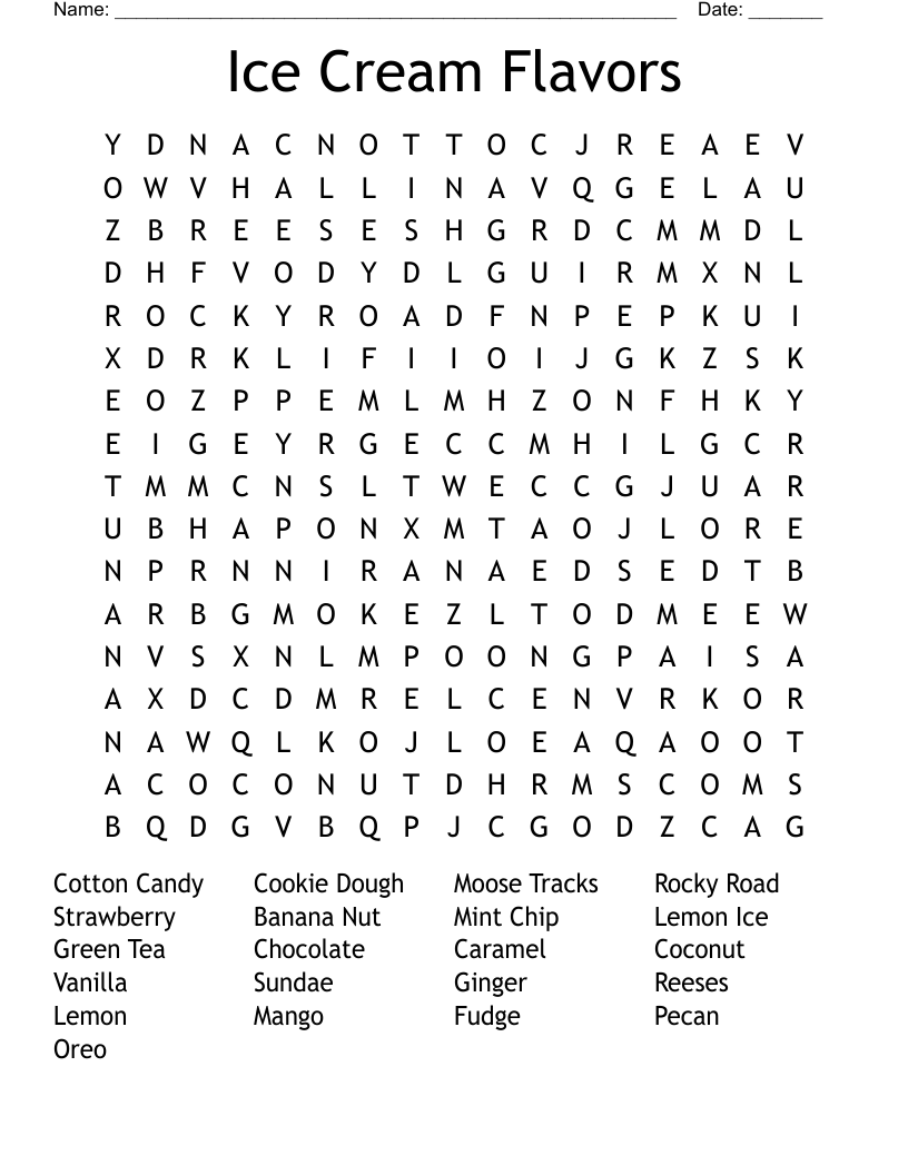 Ice Cream Flavors Word Search