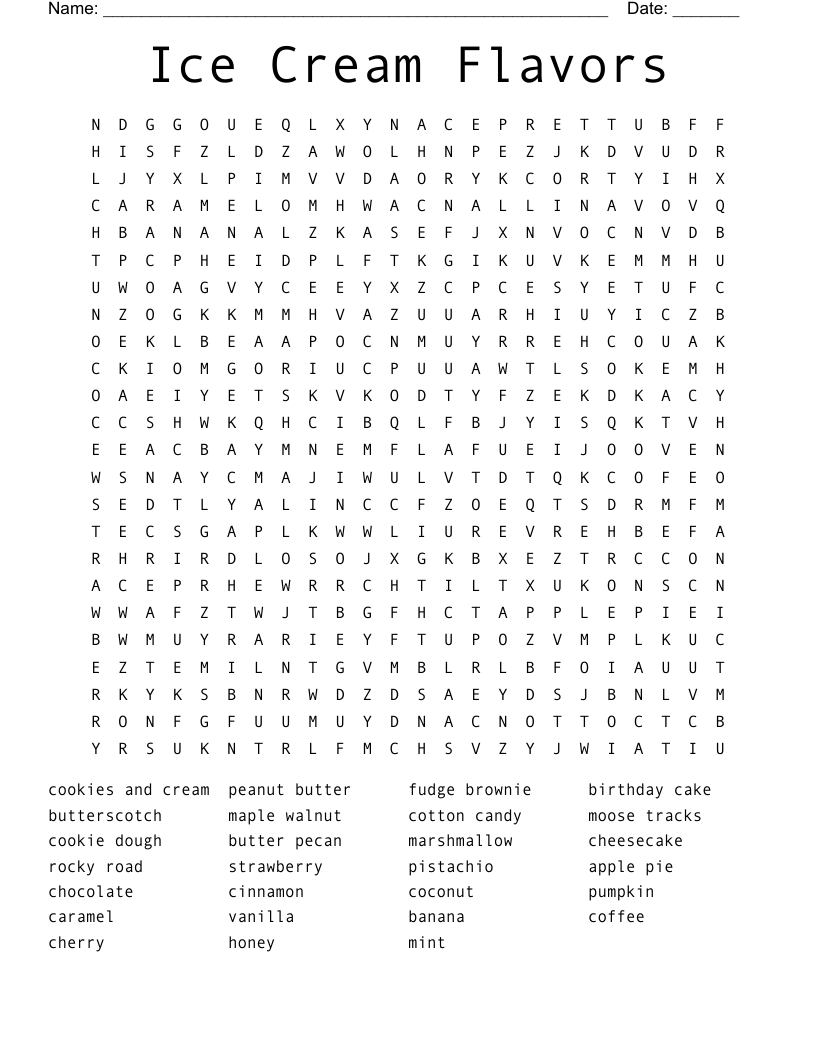 Ice Cream Flavors Word Search