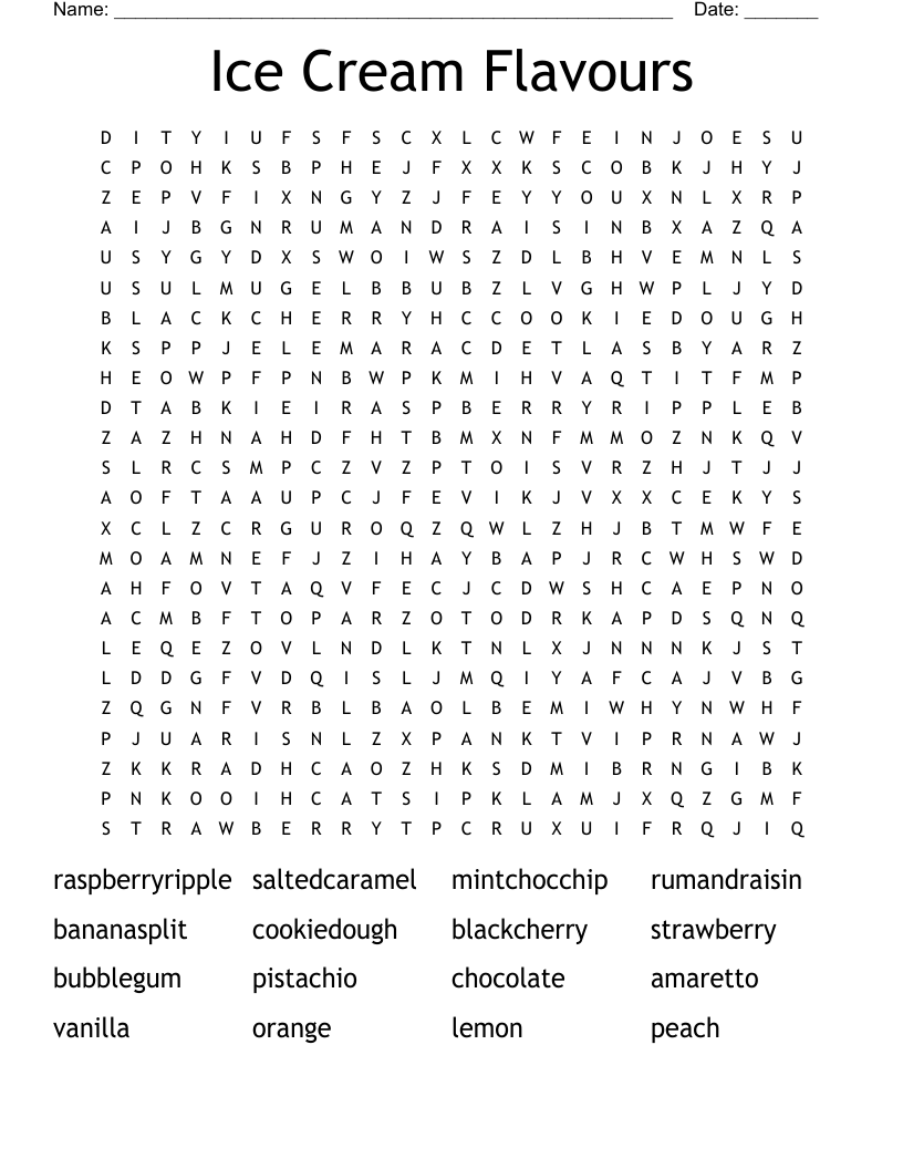 Ice Cream Flavours Word Search