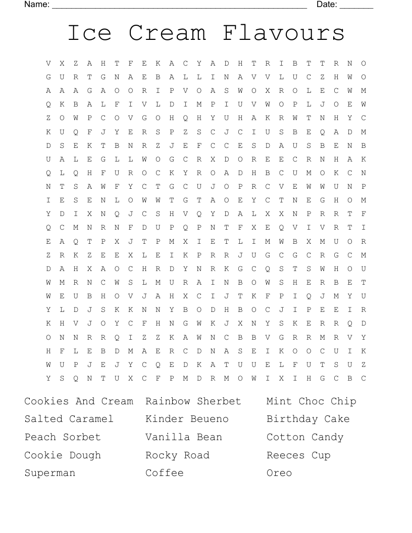 Ice Cream Flavours Word Search