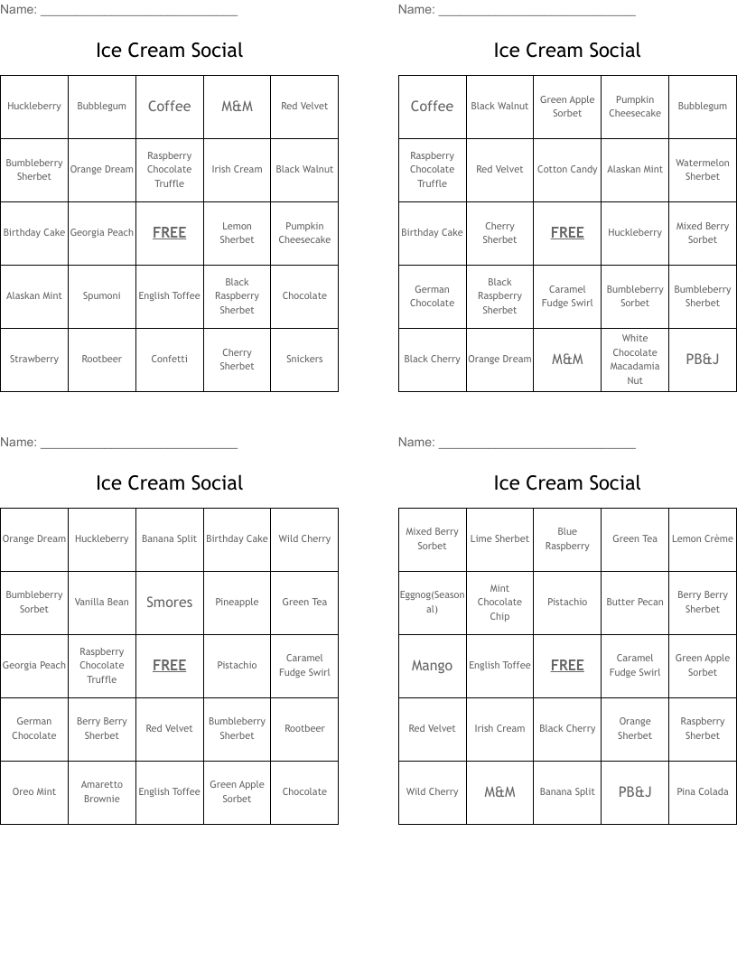 Ice Cream Social Bingo Cards