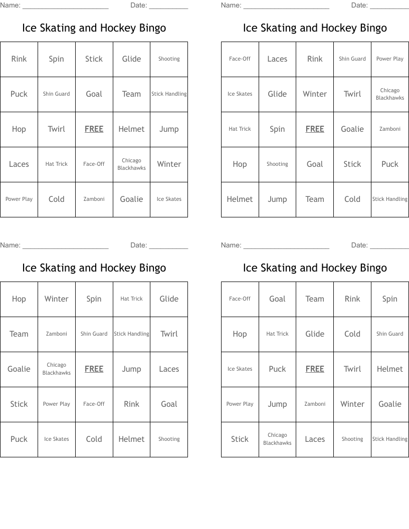 Ice Skating and Hockey Bingo