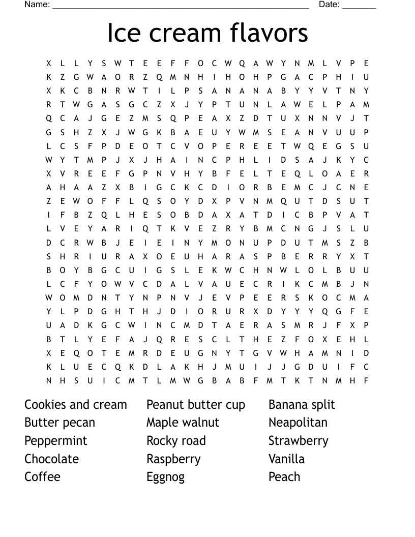 Ice cream flavors Word Search