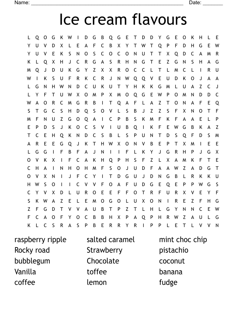 Ice cream flavours Word Search