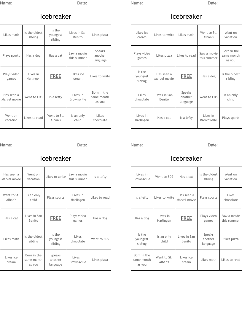 Icebreaker Bingo Cards