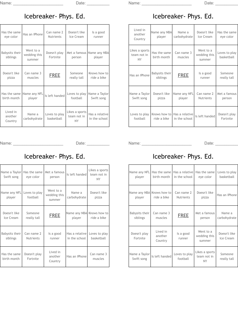 Icebreaker- Phys. Ed. Bingo Cards