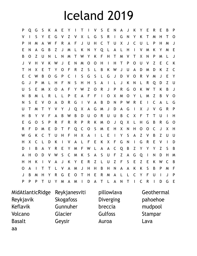 Iceland 2019 Word Search