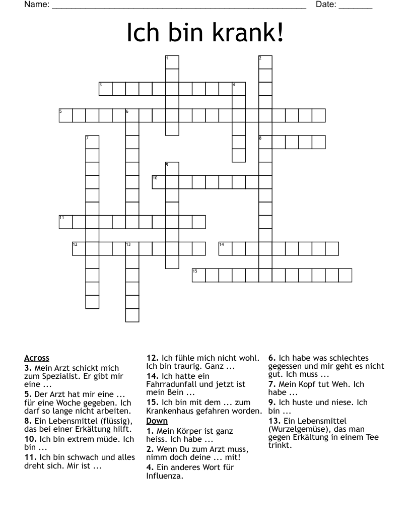 Ich bin krank! Crossword