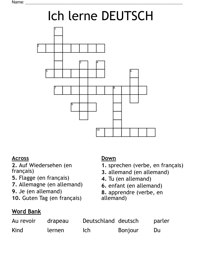 Ich lerne DEUTSCH Crossword