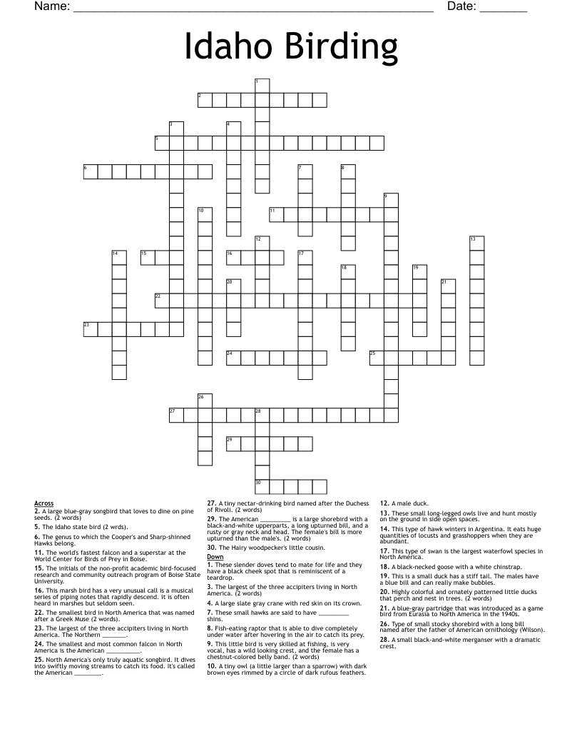 Idaho Birding Crossword
