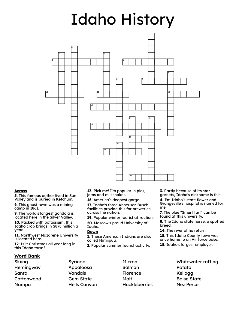 Idaho History Crossword