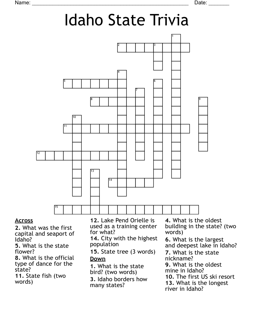 Idaho State Trivia Crossword