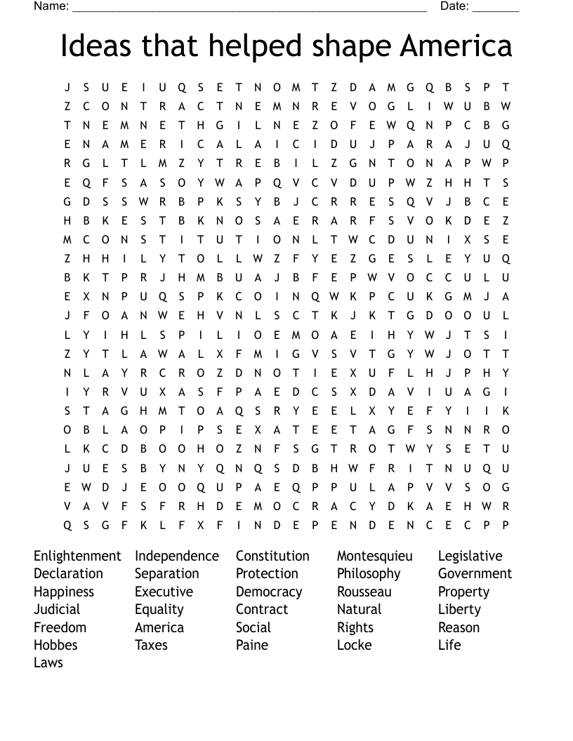 Ideas that helped shape America Word Search